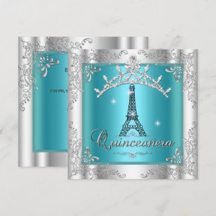 Convites Quinceanera 15 Turquesa Prata Tiara Torre Eiffel
