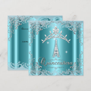 Convites Quinceanera 15 Turquesa Prata Tiara Torre Eiffel