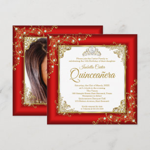 Convites Quinceanera 15 Vermelho Dourado Pérola Branca, Tia