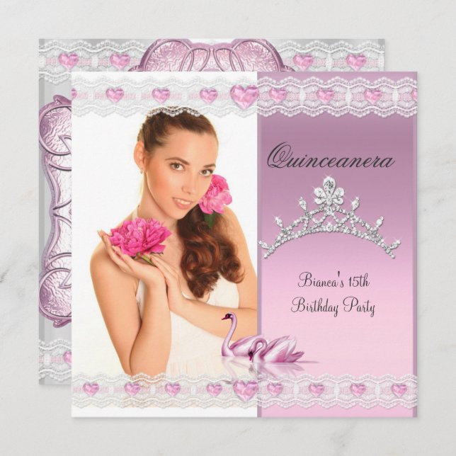 Convites Quinceanera 15 White Pink Swans Tiara Foto (Frente/Verso)