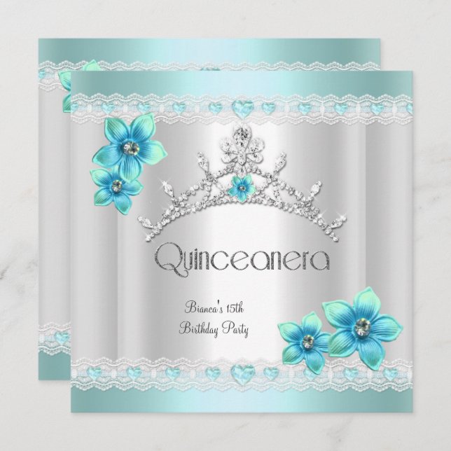 Convites Quinceanera 15 White Tea Blue Silver Tiara (Frente/Verso)