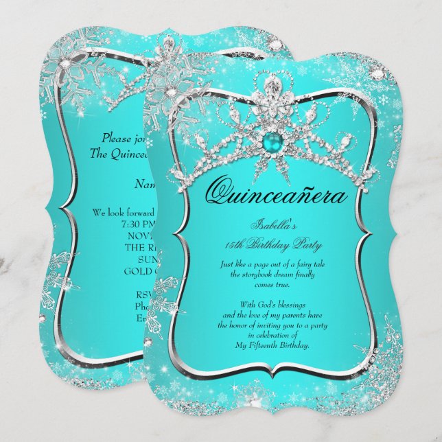 Convites Quinceanera 15 Winter Wonderland Aqua Pearl (Frente/Verso)
