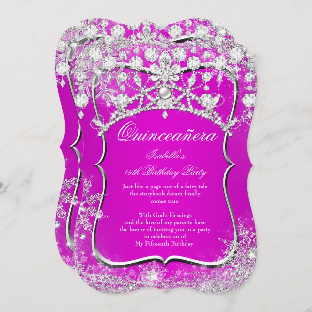 Convites Quinceanera 15 Winter Wonderland Magenta Rosa (Frente/Verso)