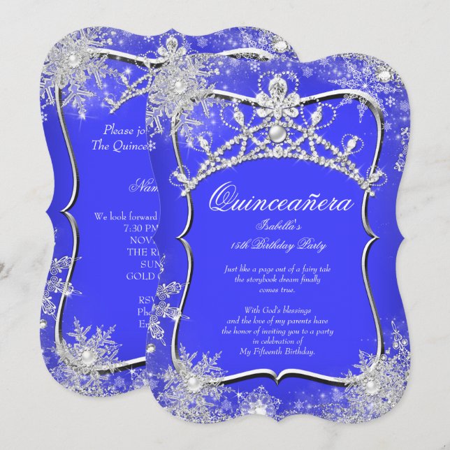 Convites Quinceanera 15 Winter Wonderland Royal Blue (Frente/Verso)