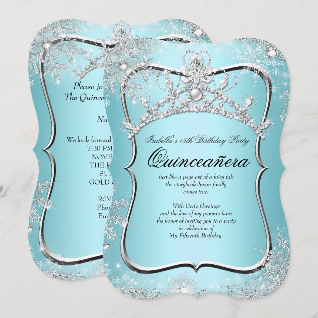 Convites Quinceanera 15 Winter Wonderland Silver Blue (Frente/Verso)