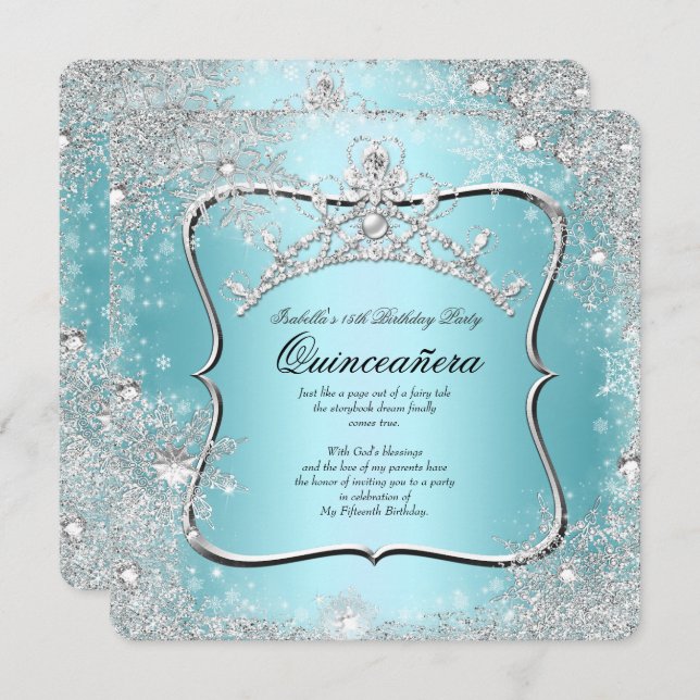 Convites Quinceanera 15 Winter Wonderland Silver Blue (Frente/Verso)