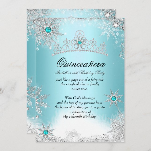 Convites Quinceanera 15 Winter Wonderland Silver Blue 2 (Frente/Verso)