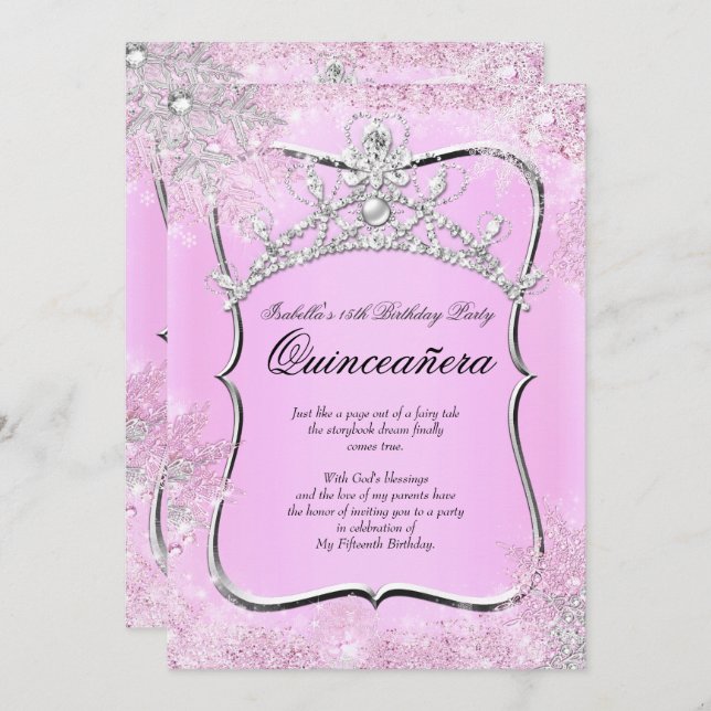 Convites Quinceanera 15 Winter Wonderland Silver Pink (Frente/Verso)