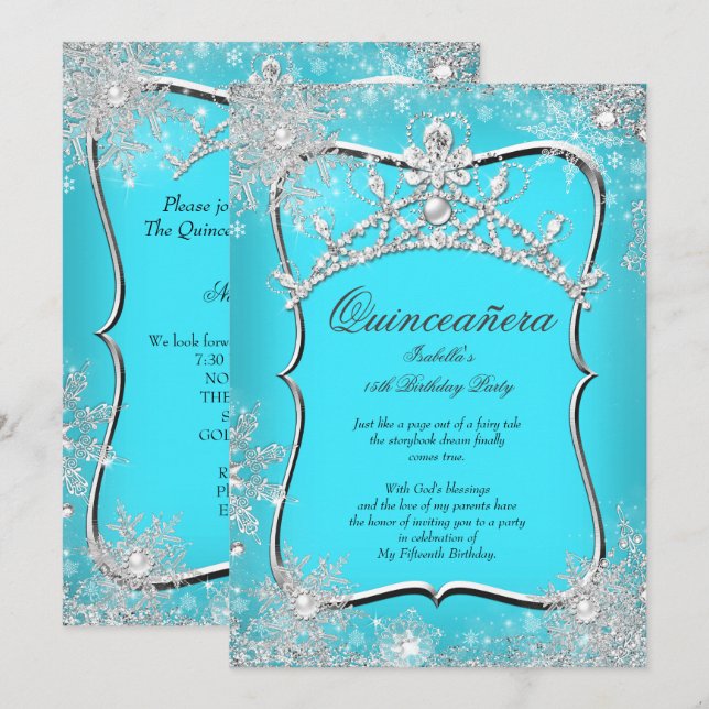 Convites Quinceanera 15 Winter Wonderland Silver Teal (Frente/Verso)