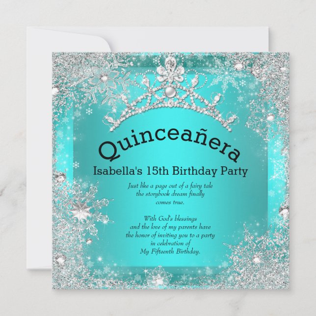 Convites Quinceanera 15 Winter Wonderland Silver Teal 2 (Frente)