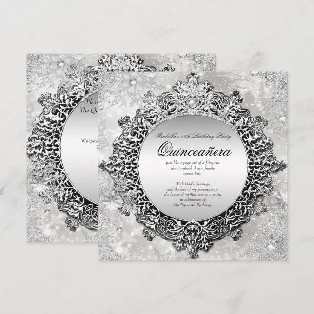 Convites Quinceanera 15 Winter Wonderland Silver White (Frente/Verso)