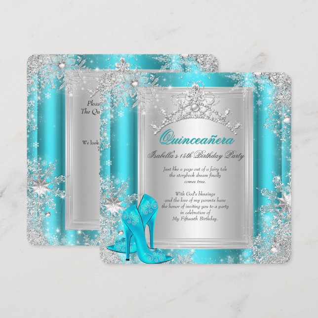 Convites Quinceanera 15 Winter Wonderland Teal Aqua (Frente/Verso)
