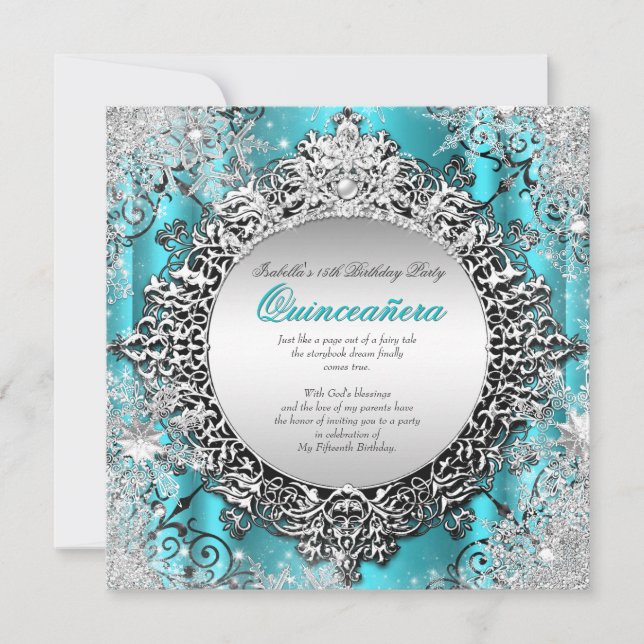 Convites Quinceanera 15 Winter Wonderland Teal Aqua 2 (Frente)