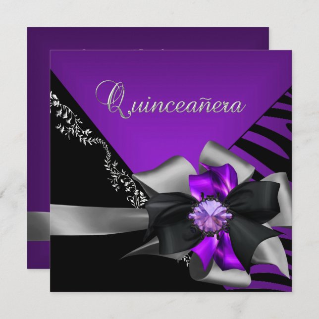 Convites Quinceanera 15 Zebra Purple Prata (Frente/Verso)