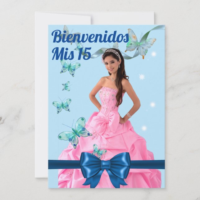 Convites  QUINCEAÑERA 15th BIRTHDAY CARD, BLUE BUTTERFLY (Frente)