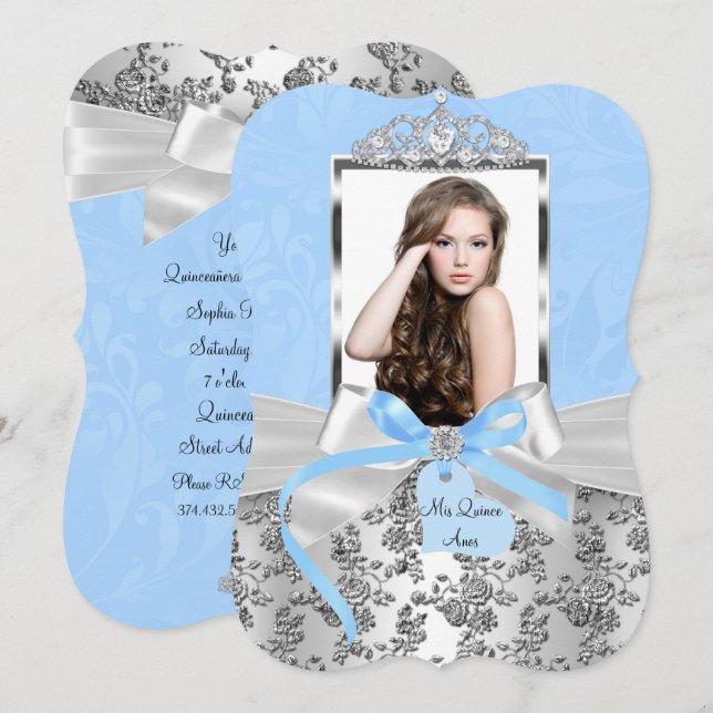 Convites Quinceanera 1 - Rosa do Arco de Prata Azul Elegant (Frente/Verso)