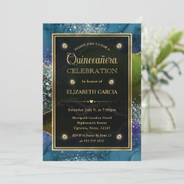 Convites Quinceanera Ágata Brilhante Azul, Verde e Dourado