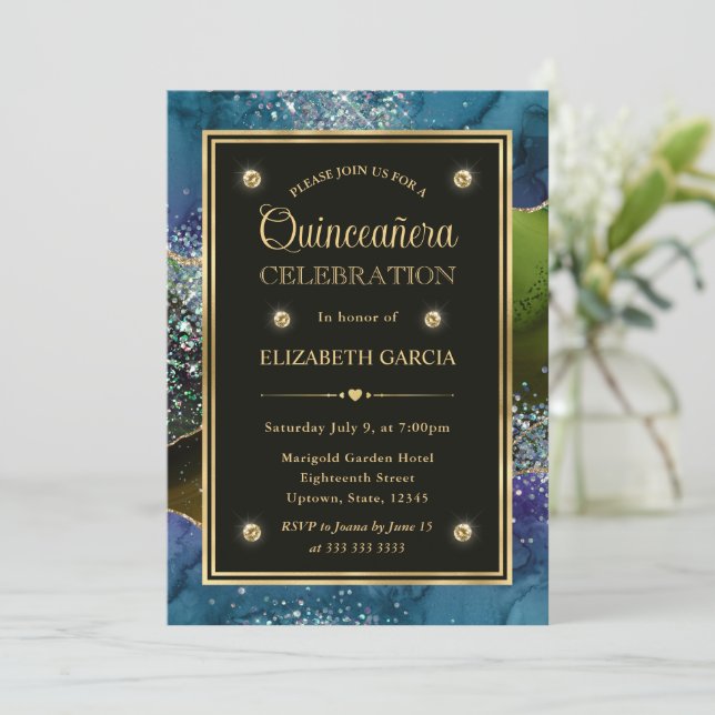 Convites Quinceanera Ágata Brilhante Azul, Verde e Dourado (Em pé/Frente)