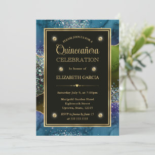 Convites Quinceanera Ágata Brilhante Azul, Verde e Dourado