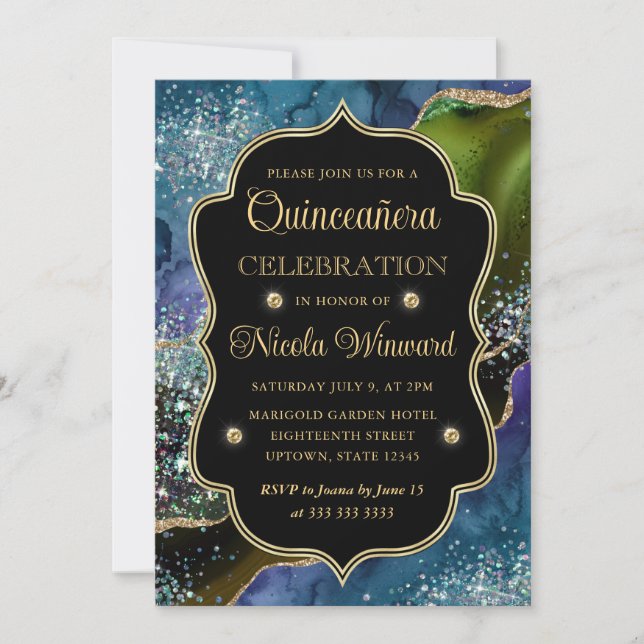 Convites Quinceanera Ágata Brilhante Azul, Verde e Dourado (Frente)