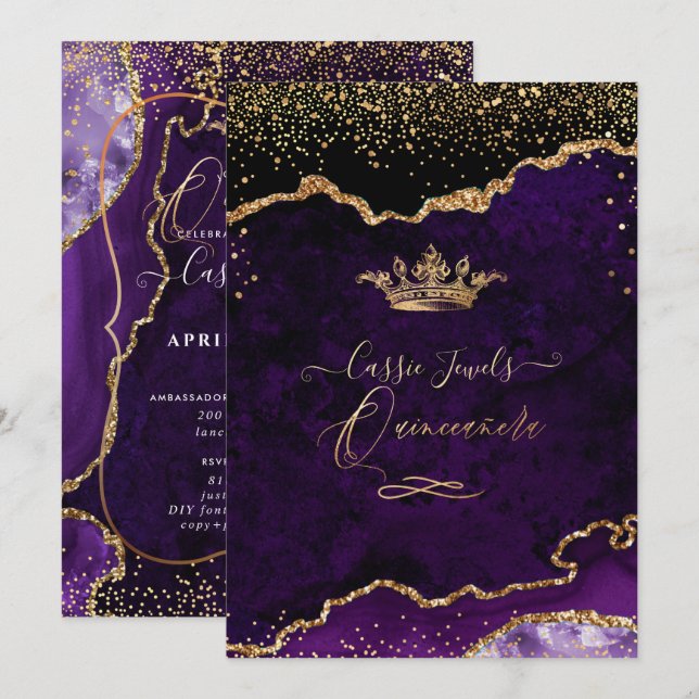 Convites Quinceanera, Agato Roxo Faux Dourado Confetti Invi (Frente/Verso)