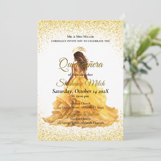 Convites Quinceanera amarela elegante (Em pé/Frente)