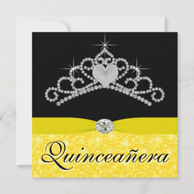Convites Quinceanera Amarelo-Negro Tiara (Frente)