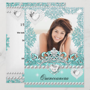 Convites Quinceanera Aniversário de 15 anos Azul Teal Prata