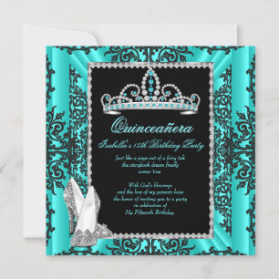 Convites Quinceanera Aniversário de 15 Anos Azul Teal Renda