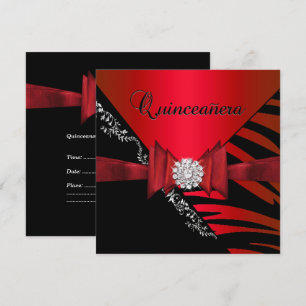 Convites Quinceanera Aniversário de 15 anos Zebra Vermelho 