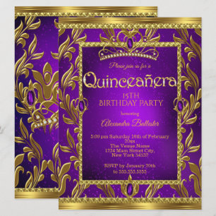 Convites Quinceanera Aniversário Roxo Azul Tiara Dourado