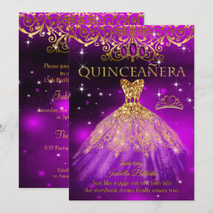 Convites Quinceanera Aniversário Tiara Roxo Magenta Dourado