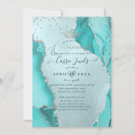 Convites Quinceanera, Aqua Blue Agate Faux Silver Confetti