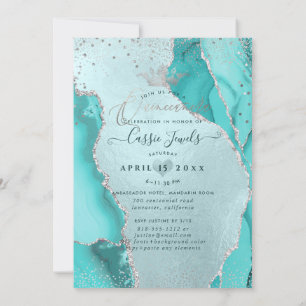 Convites Quinceanera, Aqua Blue Agate Faux Silver Confetti