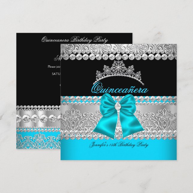 Convites Quinceanera Aqua Blue Diamond Lace Festa de aniver (Frente/Verso)