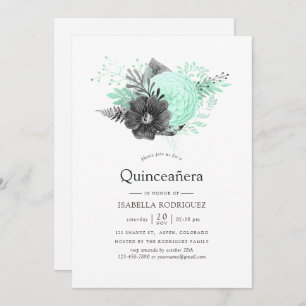Convites Quinceañera Aqua e Carvão Floral