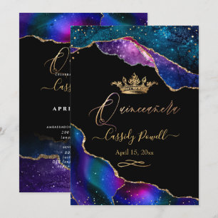 Convites Quinceanera, Aquarela Galáxia Agate Faux Dourado 