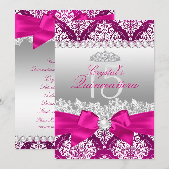 Convites Quinceanera, Arco Rosa Quente, Damask & Pearl, Con (Frente/Verso)