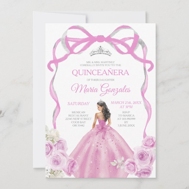 Convites Quinceañera, Arco Rosa Suave Princesa Silver Crown (Frente)