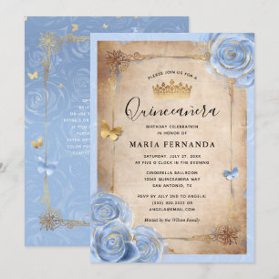 Convites Quinceanera Azul-Bebê-Luz e Rosa-Elegante Dourado