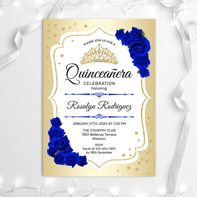 Convites Quinceanera - Azul Branco Dourado (Criador carregado)