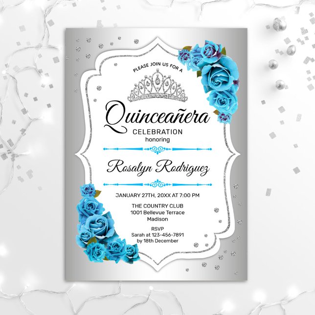 Convites Quinceanera - Azul Branco Prateado (Criador carregado)