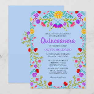 Convites Quinceanera Azul Claro Flores Mexicanas Aniversári