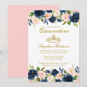 Convites Quinceanera Azul Cor-de-rosa Dourada Floral