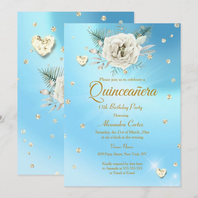 Convites Quinceanera Azul Dourado Brilho Rosa Floral (Frente/Verso)