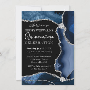 Convites Quinceanera Azul e Prata com Brilho Falso de Ágata
