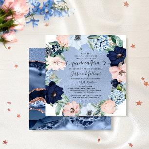 Convites Quinceañera Azul Elegante e Rosa, Floral