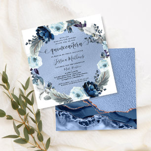 Convites Quinceañera Azul Elegante, Floral, Folha Azul, Aga