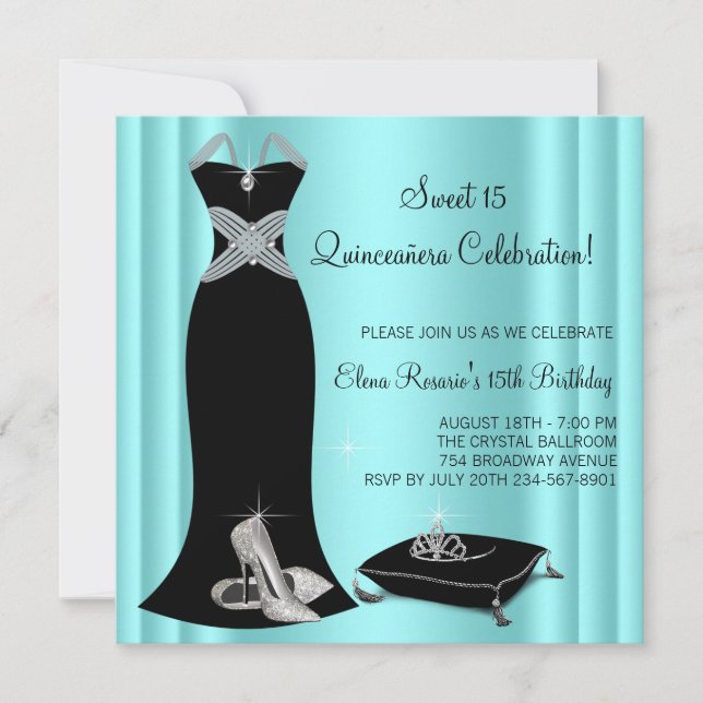 Convites Quinceanera Azul Elegante Preto e Teal (Frente)