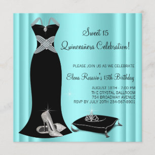 Convites Quinceanera Azul Elegante Preto e Teal